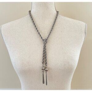 Vintage Victorian Revival Silver Tone Rope Lariat Necklace with Tassels